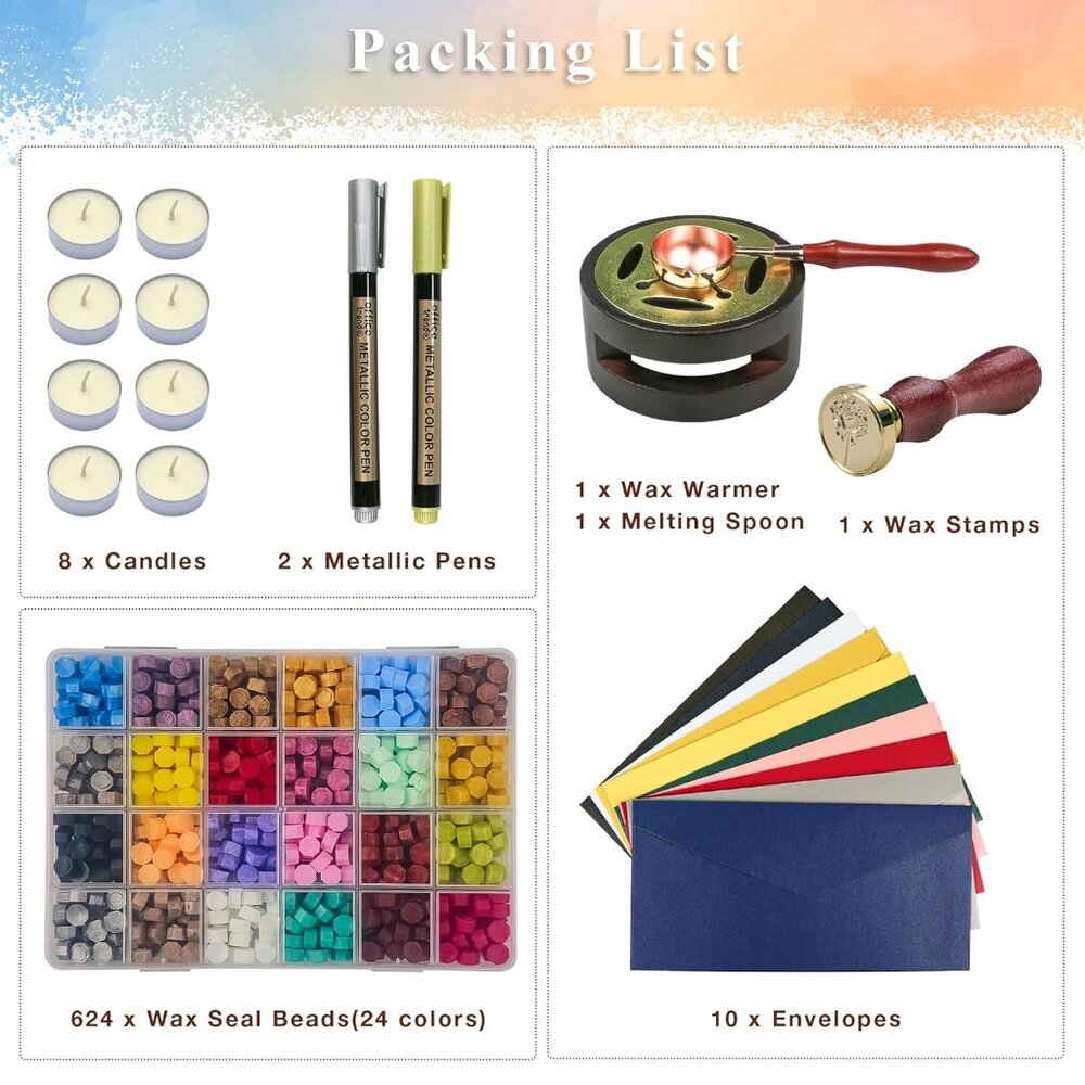 Wax Seal Kit, Premium Wax Seal Stamp Kit with 24 Colors 624 Pcs Beads, Metallic - Picture 4 of 6